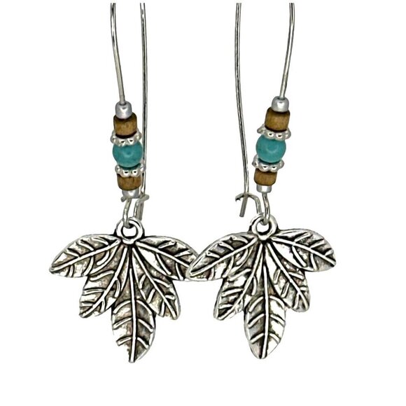 Handcrafted Silver Leaf Dangle Earrings With Beaded Accents - Picture 4 of 4